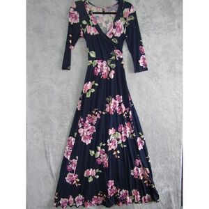 Janette Navy Blue Floral Faux Wrap Maxi Dress 3/4 Sleeve DJ51504 Size M